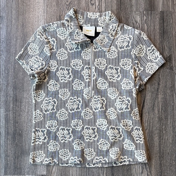 Maeve Tops - Maeve Sweater Floral Jacquard Zip-Up Polo Sweater Short Sleeve Medium